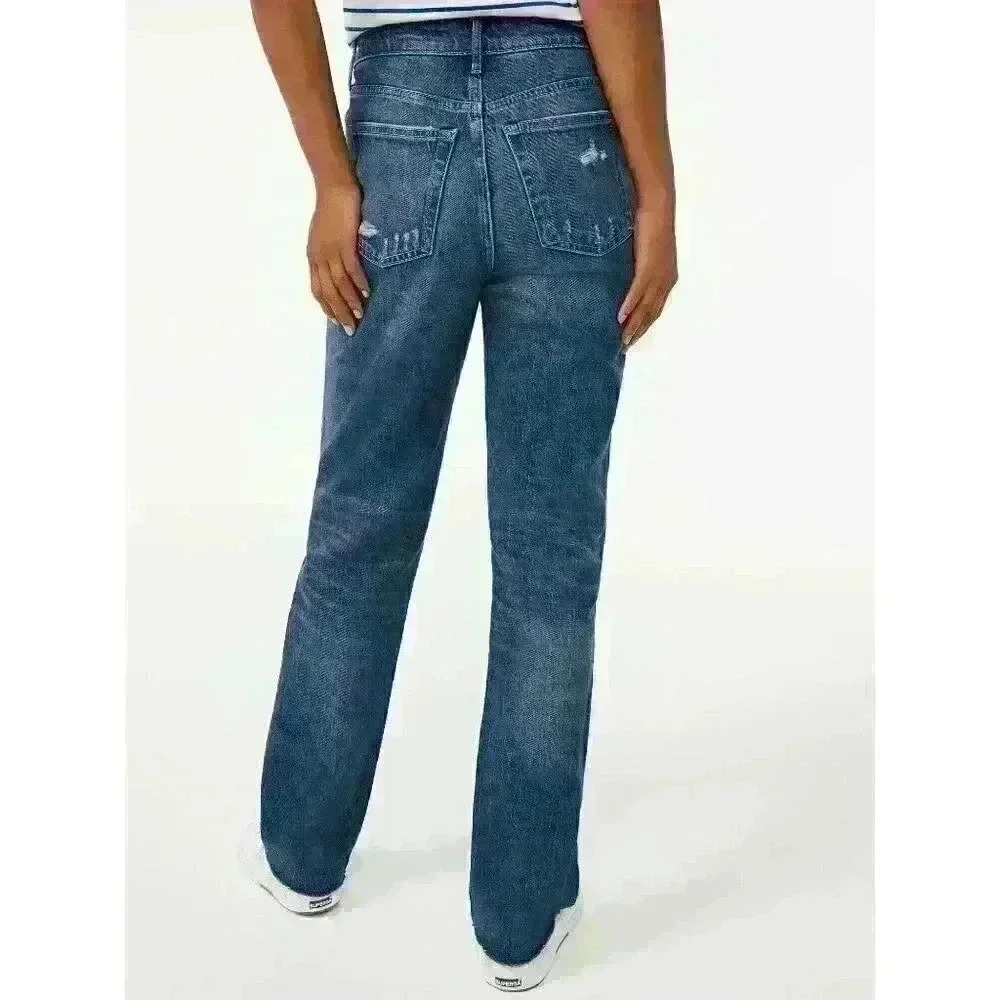 Womens Free Assembly Super High Rise Straight Jeans Cropped Hem Blue - Picture 4 of 9